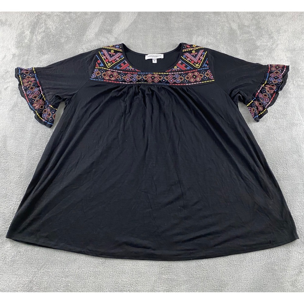 Tempted Hearts Los Angeles Black Embroidered Ruffle Sleeve Babydoll Top 3X Boho